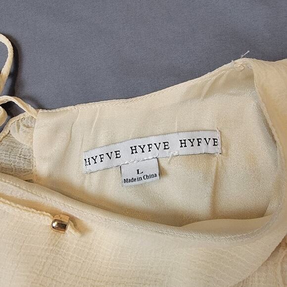 HYFVE Dress Cream Ruched Mini Dress Small Puff Sleeve Ruffle Hem Flirty Romantic - Picture 4 of 6